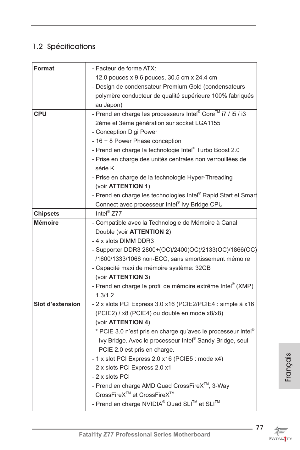 Français 1.2 spécifications | ASRock Fatal1ty Z77 Professional User Manual | Page 77 / 243