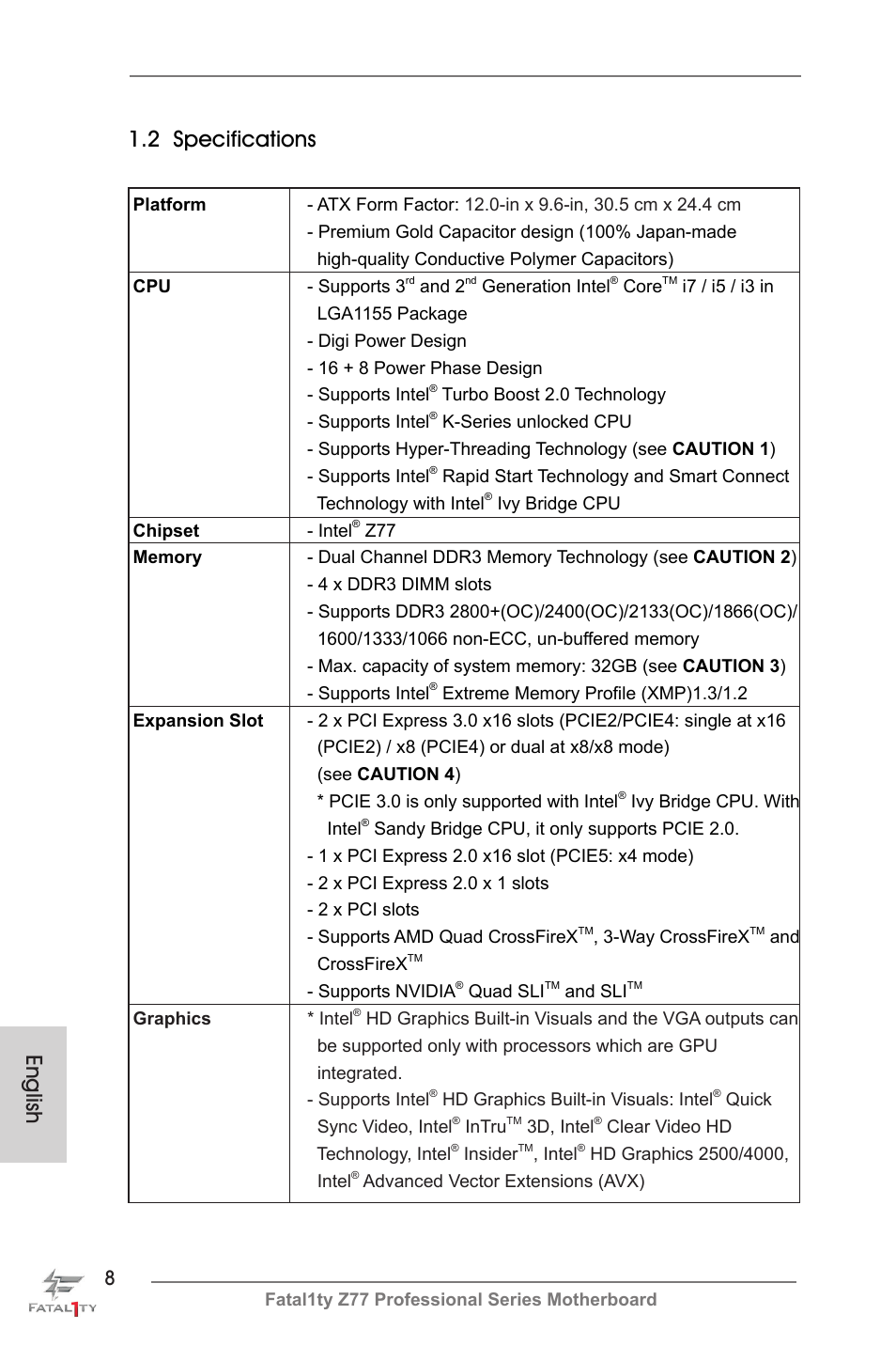 English 1.2 specifications | ASRock Fatal1ty Z77 Professional User Manual | Page 8 / 243