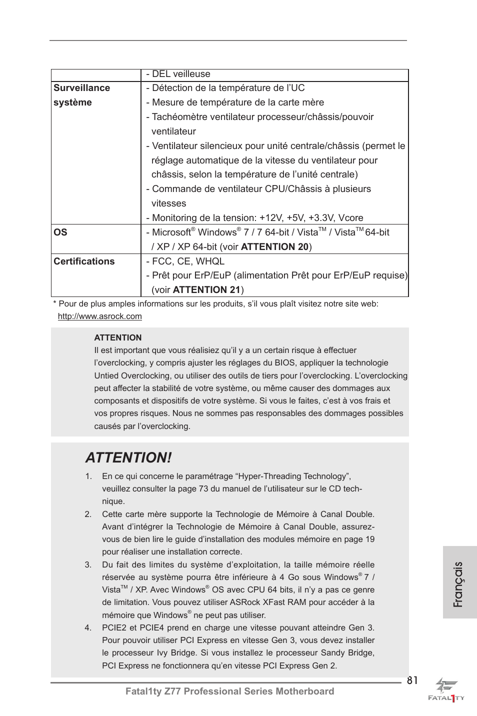 Attention, Français | ASRock Fatal1ty Z77 Professional User Manual | Page 81 / 243