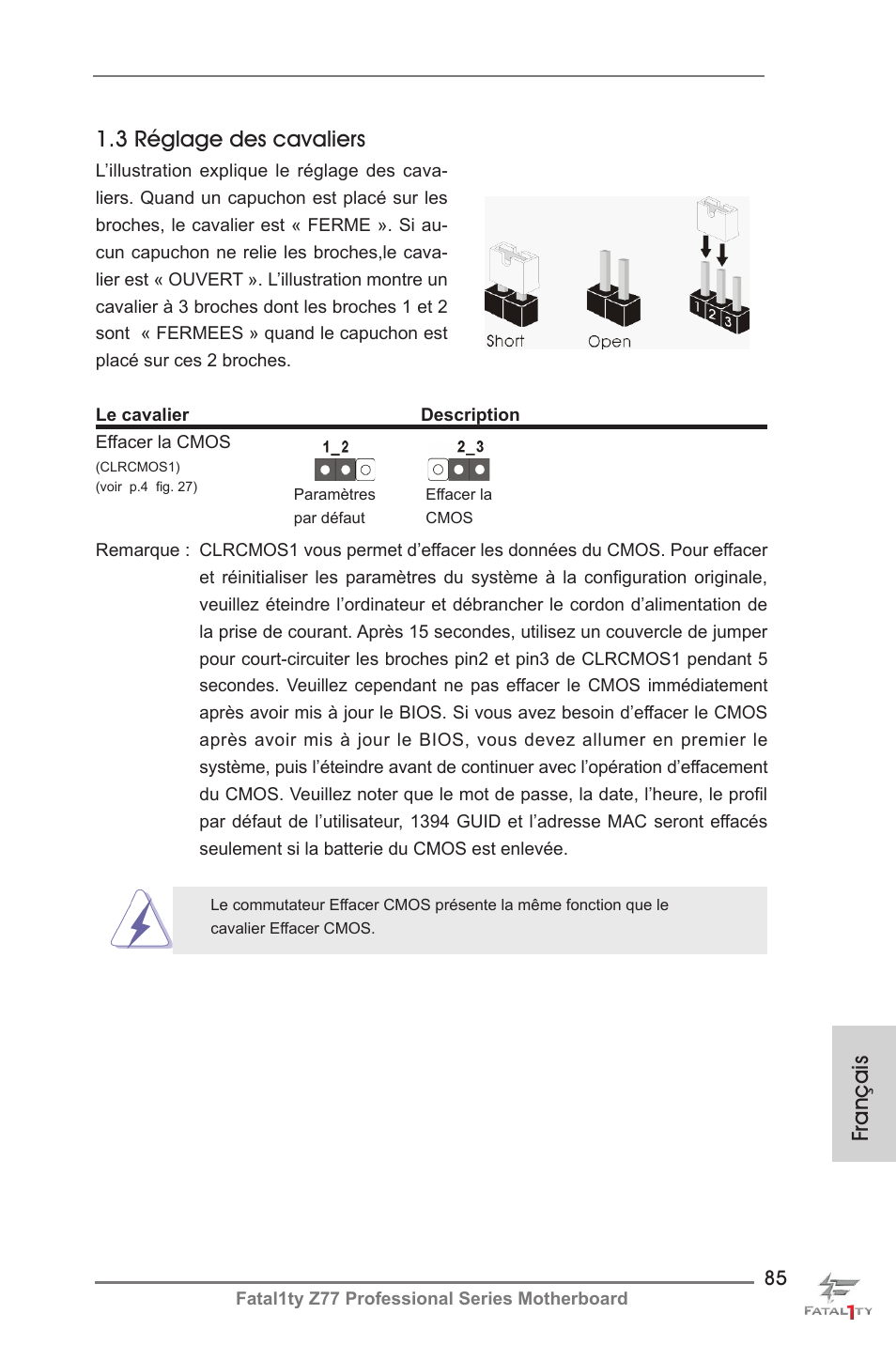 3 réglage des cavaliers, Français | ASRock Fatal1ty Z77 Professional User Manual | Page 85 / 243