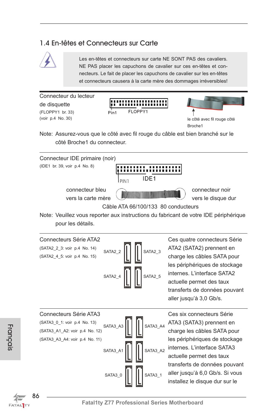 Français, 4 en-têtes et connecteurs sur carte | ASRock Fatal1ty Z77 Professional User Manual | Page 86 / 243