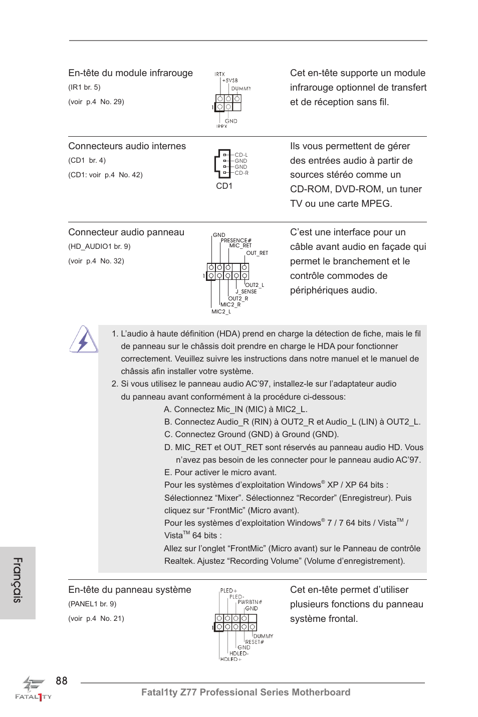Français, Fatal1ty z77 professional series motherboard, Plusieurs fonctions du panneau | Système frontal, Câble avant audio en façade qui, Infrarouge optionnel de transfert, Des entrées audio à partir de | ASRock Fatal1ty Z77 Professional User Manual | Page 88 / 243