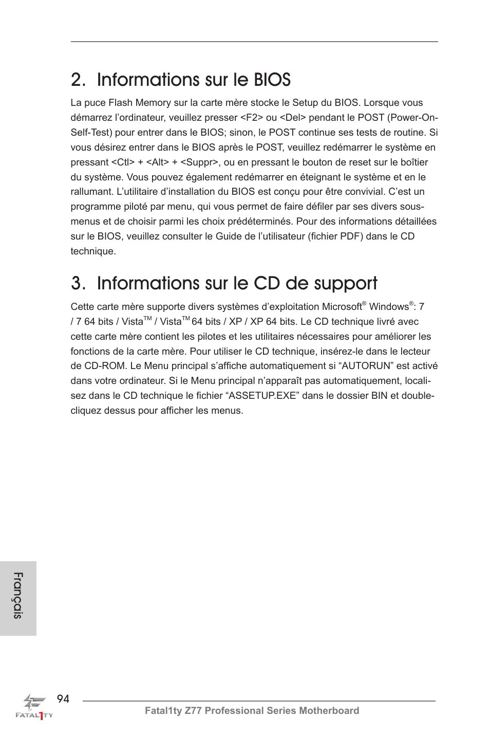 Informations sur le bios, Informations sur le cd de support, Français | ASRock Fatal1ty Z77 Professional User Manual | Page 94 / 243