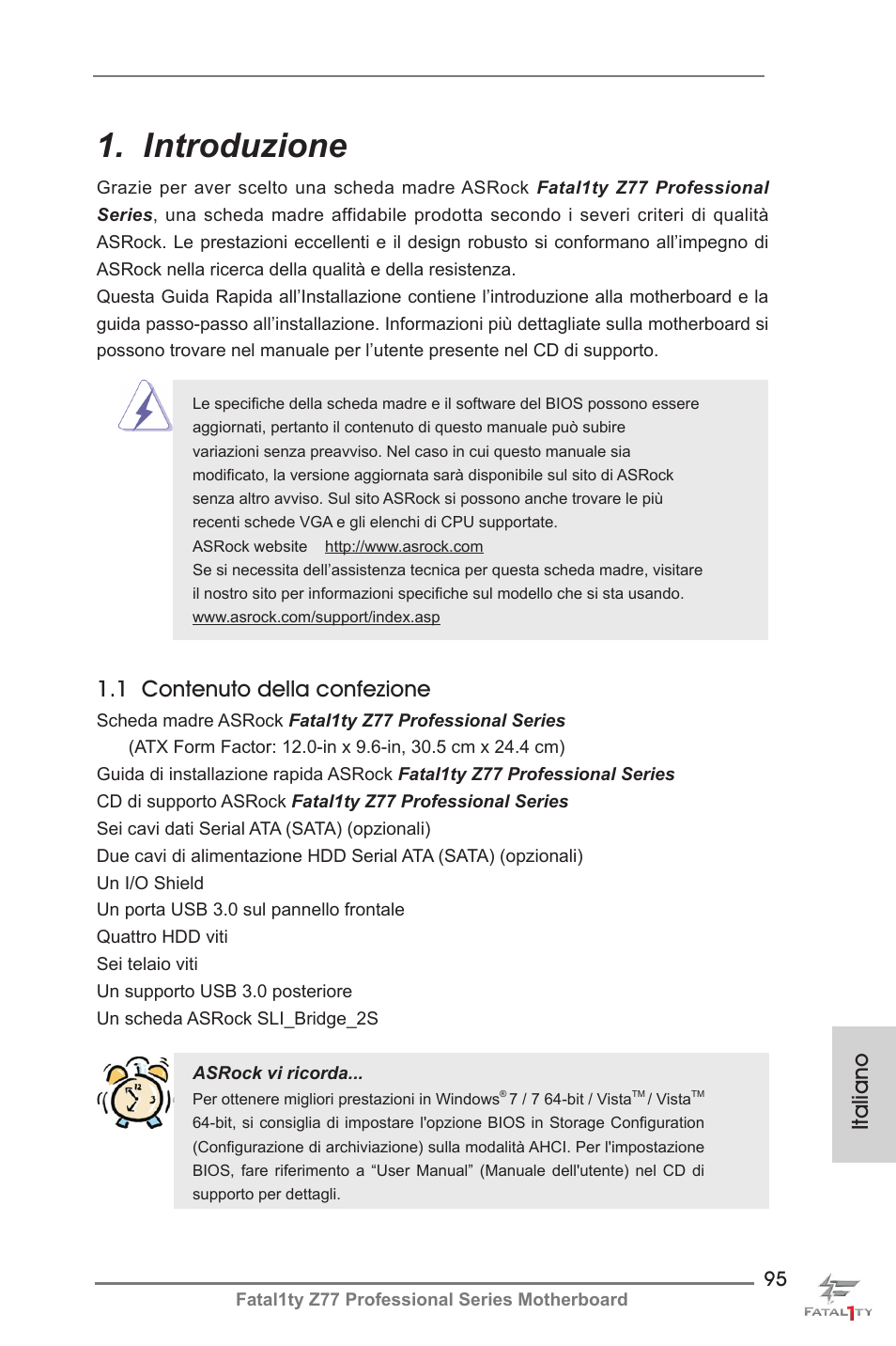 Italian, Introduzione, Italiano | 1 contenuto della confezione | ASRock Fatal1ty Z77 Professional User Manual | Page 95 / 243