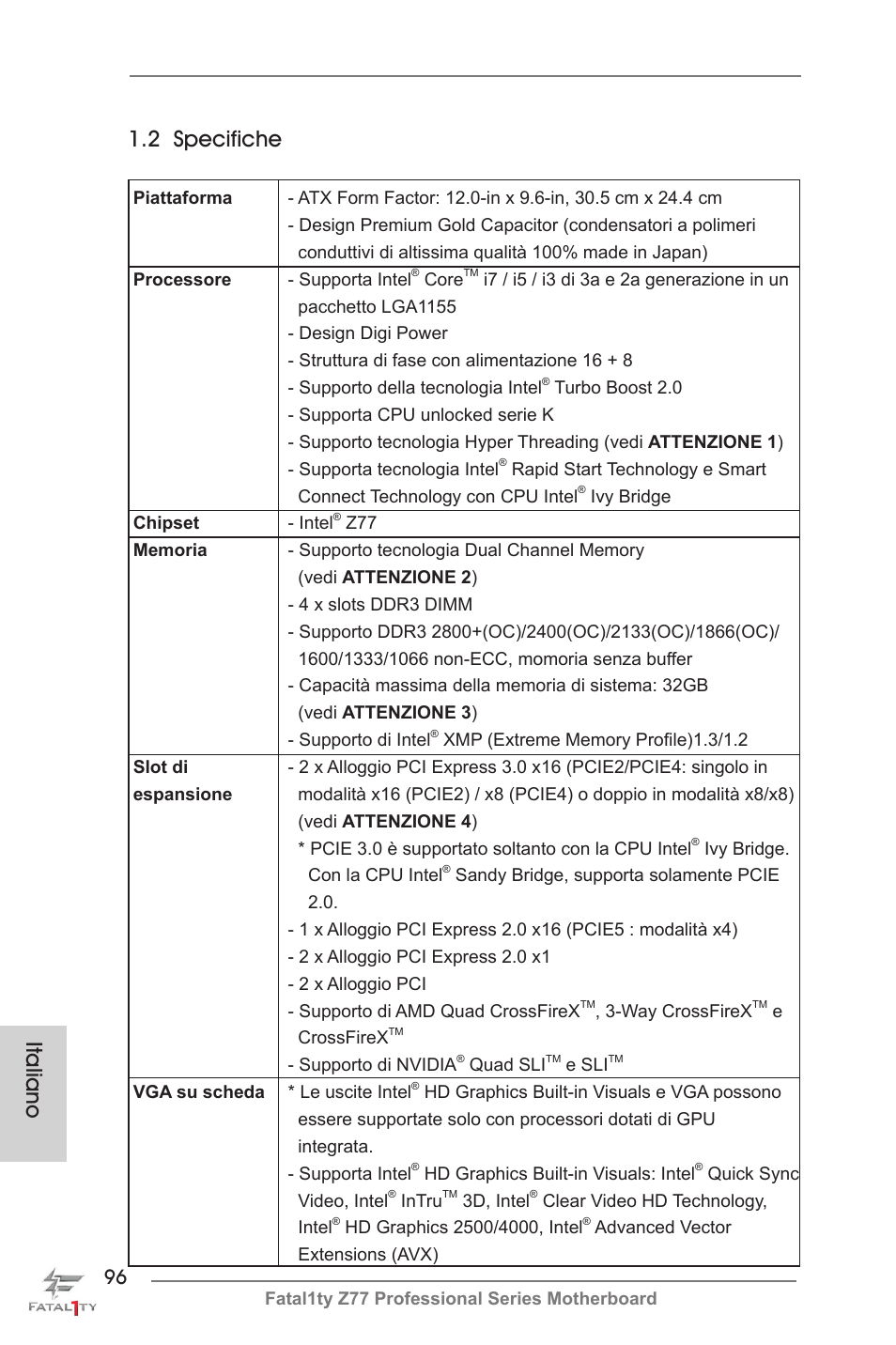 2 specifiche, Italiano | ASRock Fatal1ty Z77 Professional User Manual | Page 96 / 243