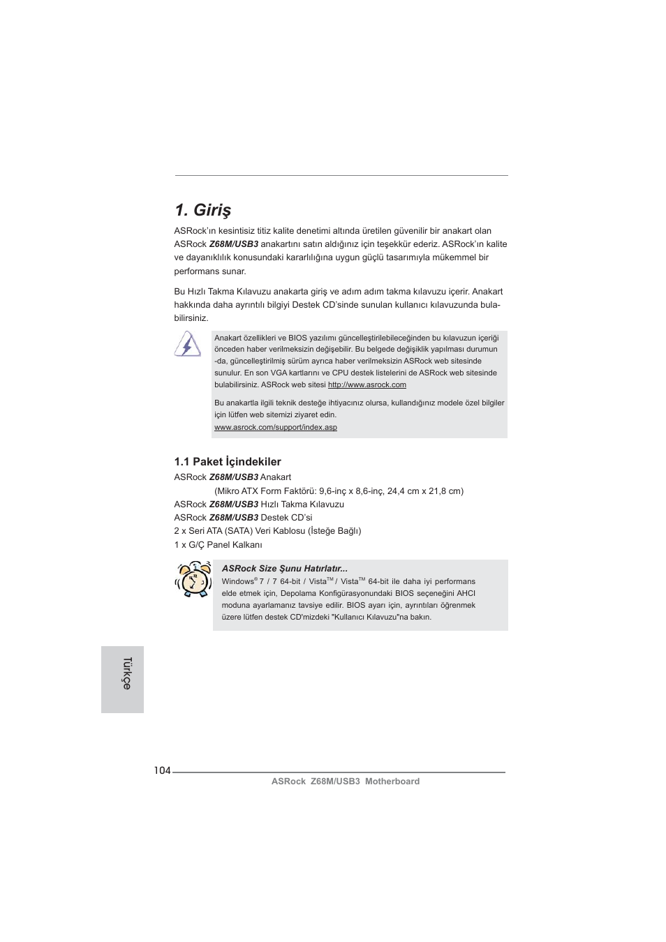 Turkish, Giriş | ASRock Z68M__USB3 User Manual | Page 104 / 177