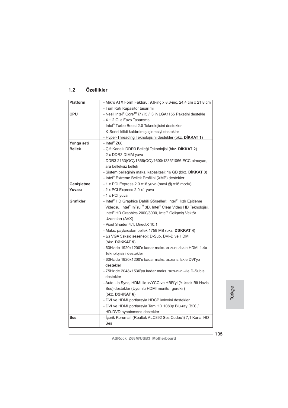 Türkçe 1.2 özellikler | ASRock Z68M__USB3 User Manual | Page 105 / 177