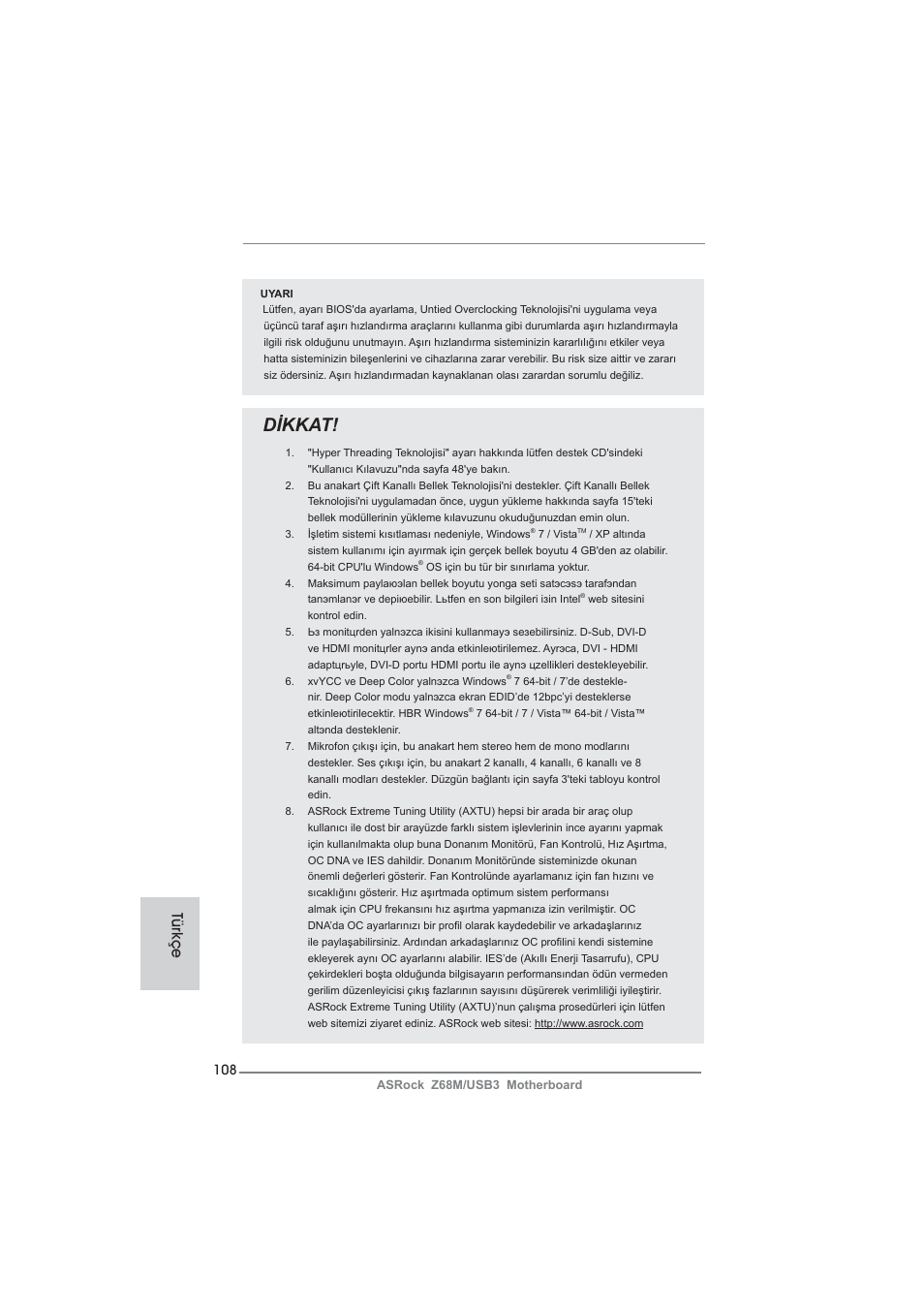 Dikkat, Türkçe | ASRock Z68M__USB3 User Manual | Page 108 / 177