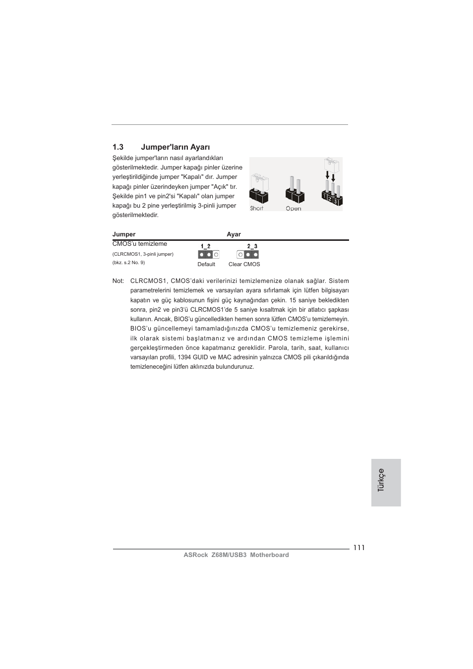 3 jumper'ların ayarı, Türkçe | ASRock Z68M__USB3 User Manual | Page 111 / 177