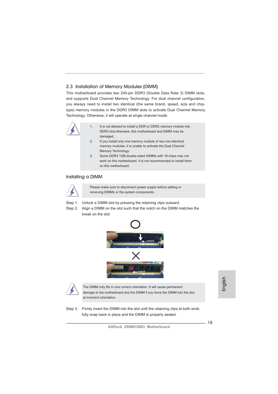 Installing a dimm | ASRock Z68M__USB3 User Manual | Page 15 / 177
