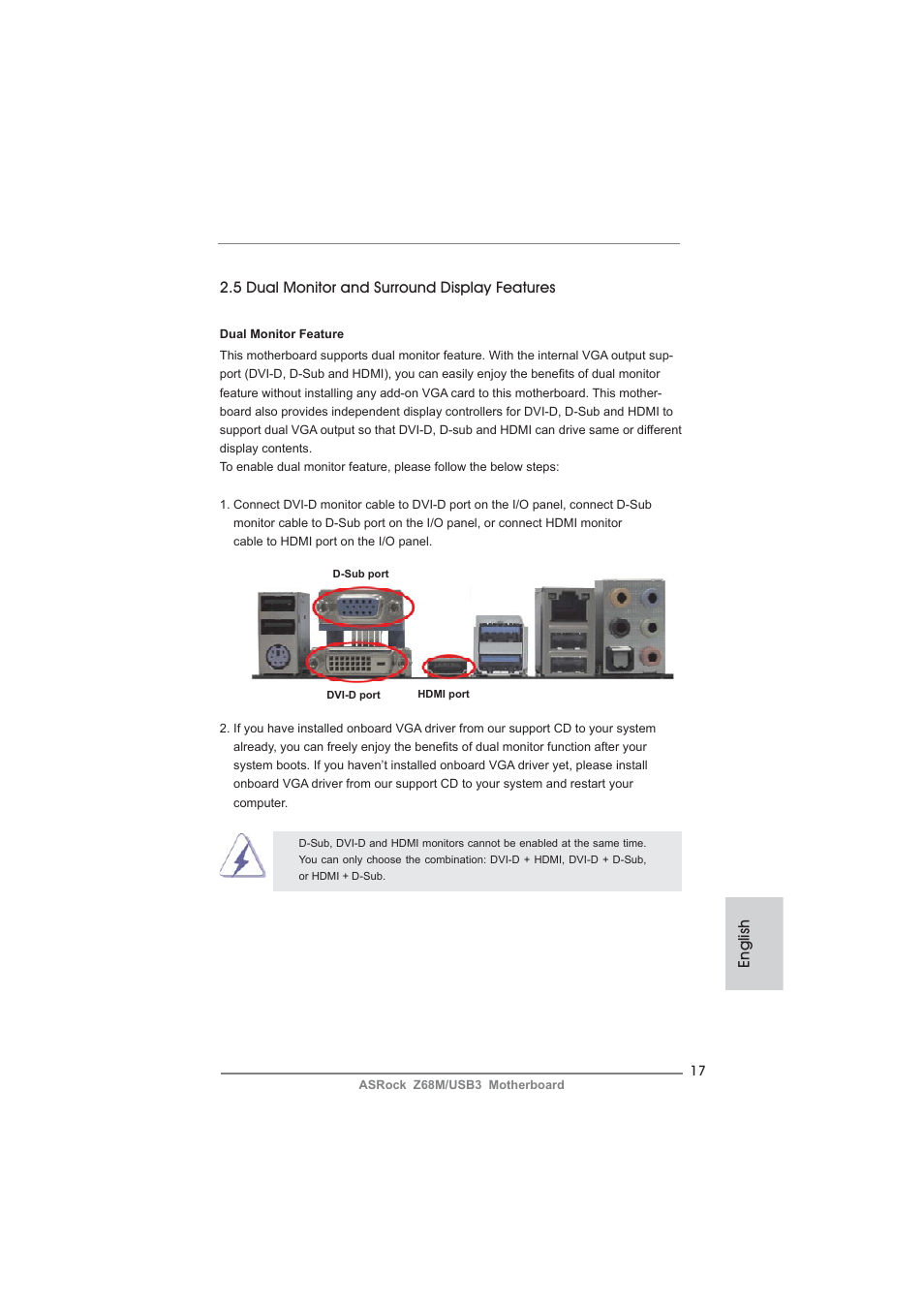 English, 5 dual monitor and surround display features | ASRock Z68M__USB3 User Manual | Page 17 / 177