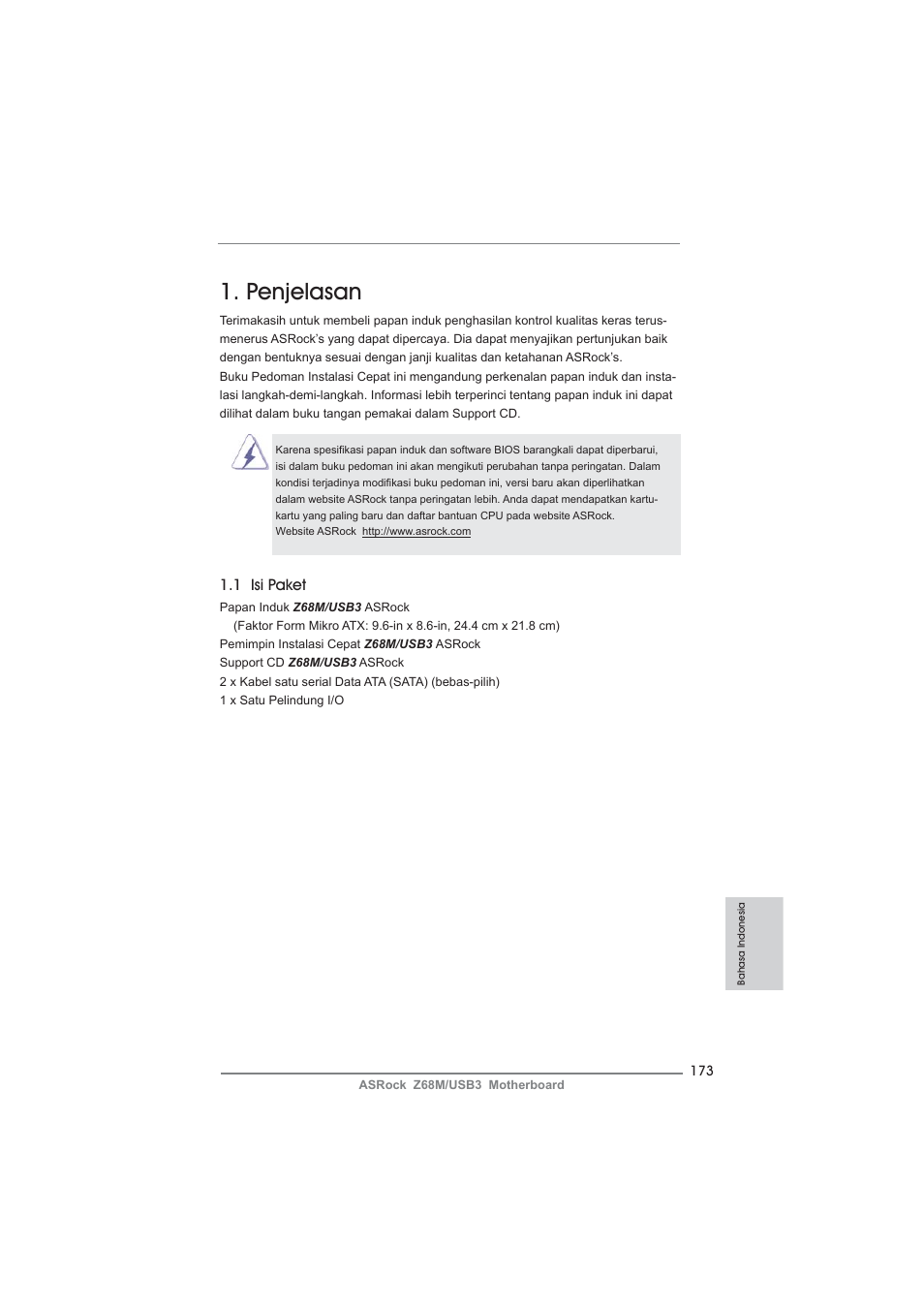 Indonesian, Penjelasan, 1 isi paket | ASRock Z68M__USB3 User Manual | Page 173 / 177