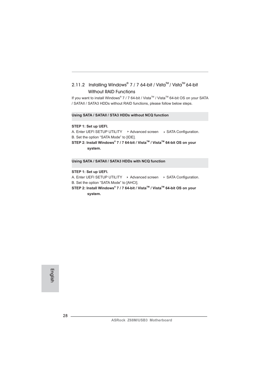 English 2.11.2 installing windows, 7 / 7 64-bit / vista, Vista | Bit without raid functions | ASRock Z68M__USB3 User Manual | Page 28 / 177