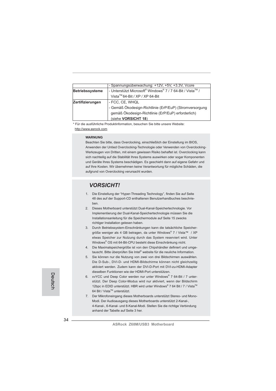 Vorsicht, Deutsch | ASRock Z68M__USB3 User Manual | Page 34 / 177