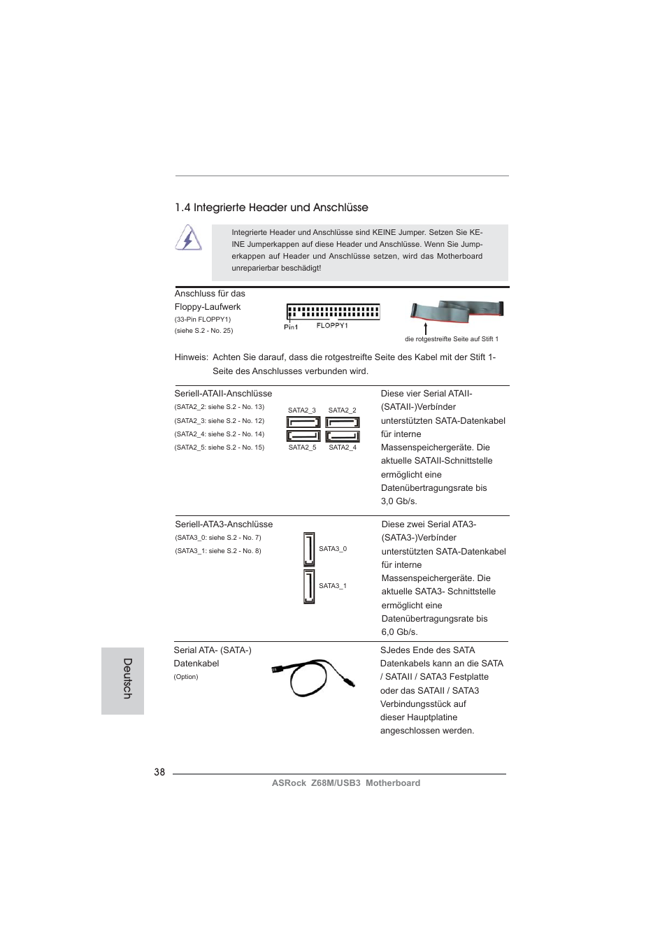 4 integrierte header und anschlüsse, Deutsch | ASRock Z68M__USB3 User Manual | Page 38 / 177