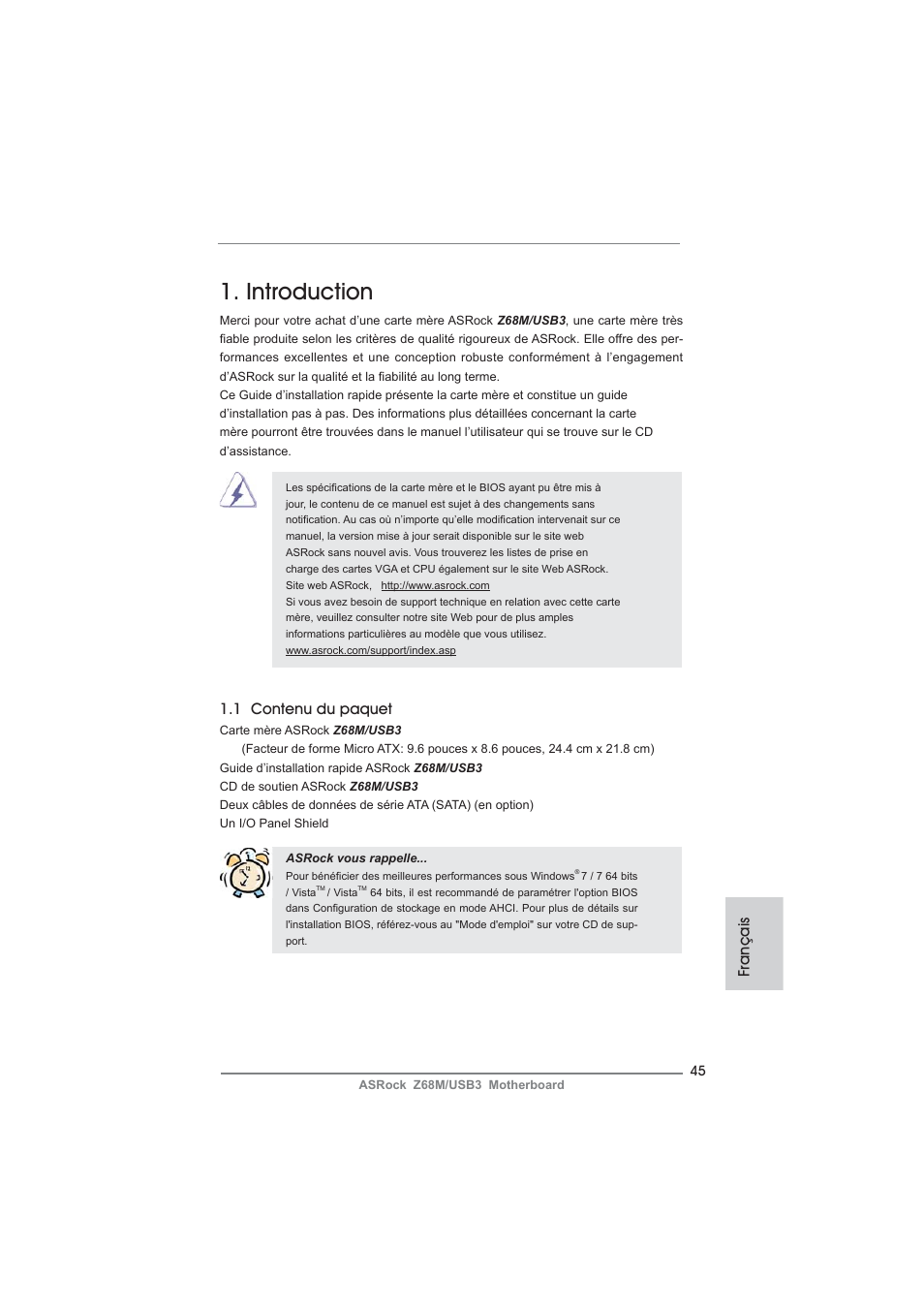 French, Introduction, 1 contenu du paquet | Français | ASRock Z68M__USB3 User Manual | Page 45 / 177