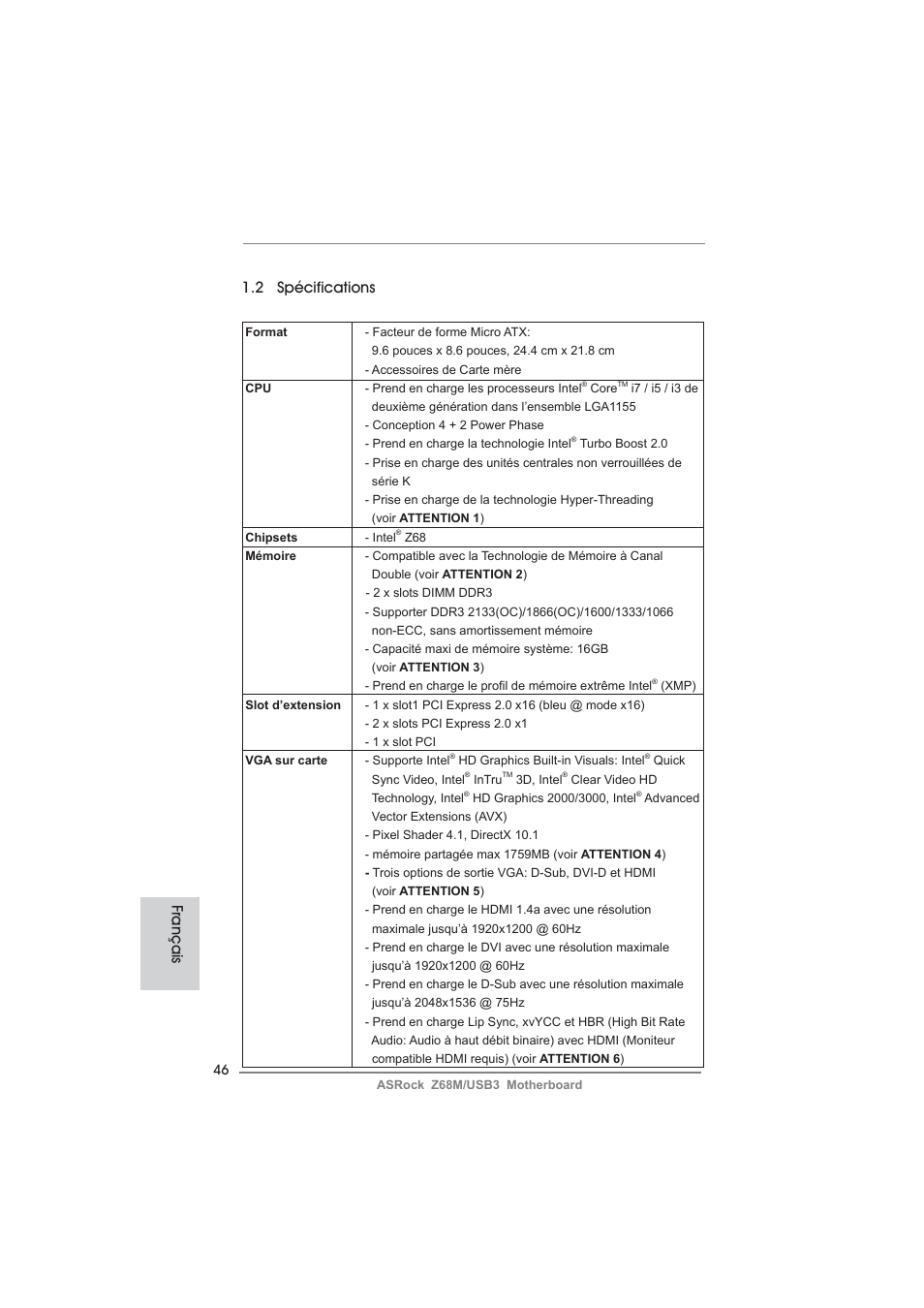 2 spécifications, Français | ASRock Z68M__USB3 User Manual | Page 46 / 177