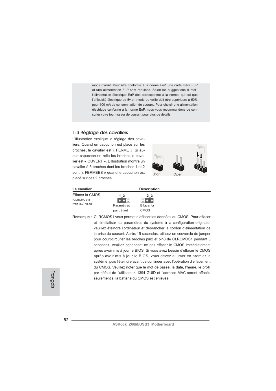 3 réglage des cavaliers, Français | ASRock Z68M__USB3 User Manual | Page 52 / 177
