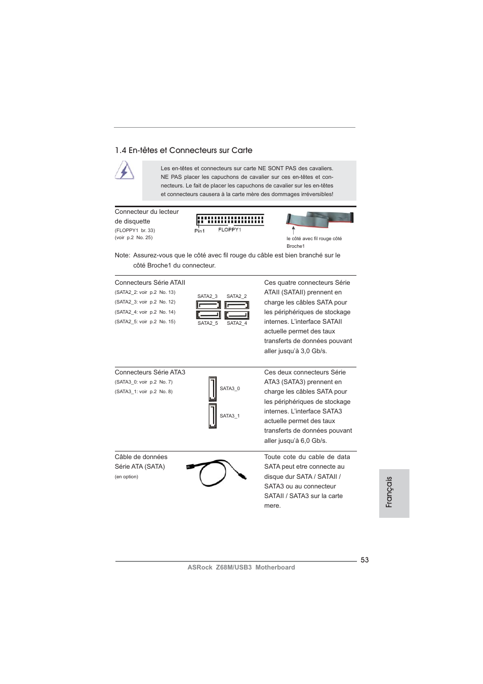 4 en-têtes et connecteurs sur carte, Français | ASRock Z68M__USB3 User Manual | Page 53 / 177