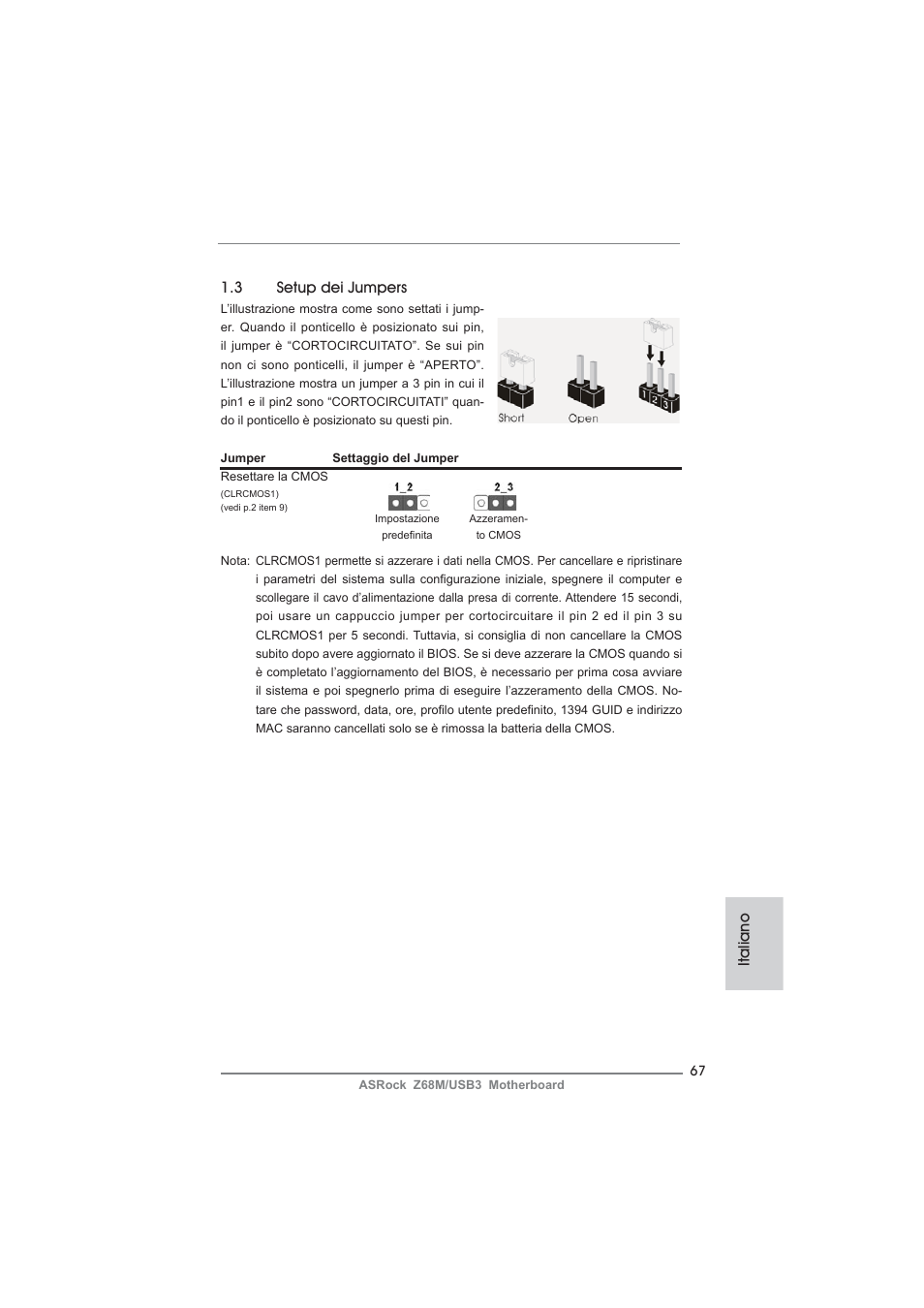 3 setup dei jumpers, Italiano | ASRock Z68M__USB3 User Manual | Page 67 / 177