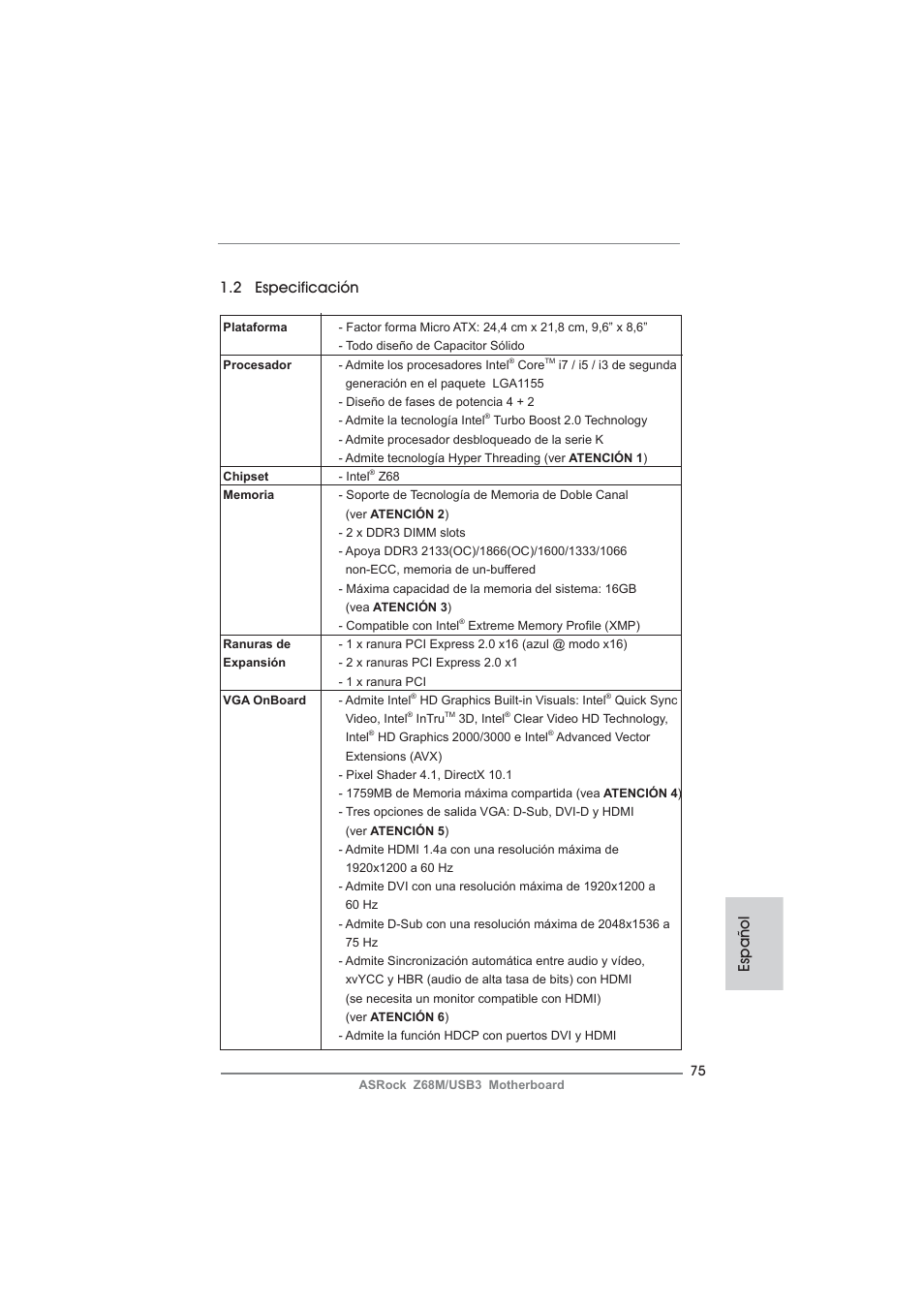 Español 1.2 especificación | ASRock Z68M__USB3 User Manual | Page 75 / 177