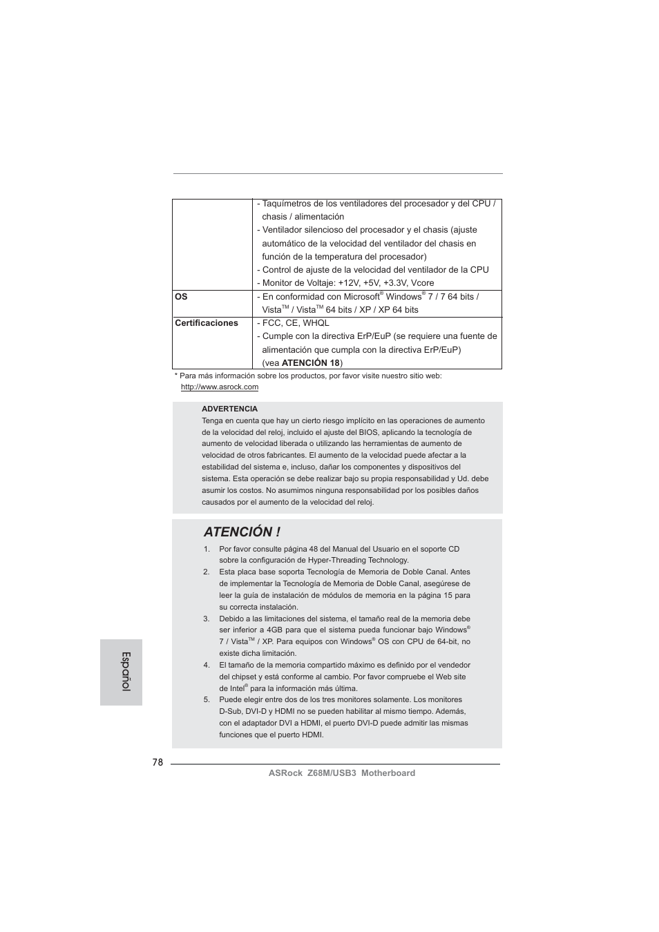 Atención, Español | ASRock Z68M__USB3 User Manual | Page 78 / 177