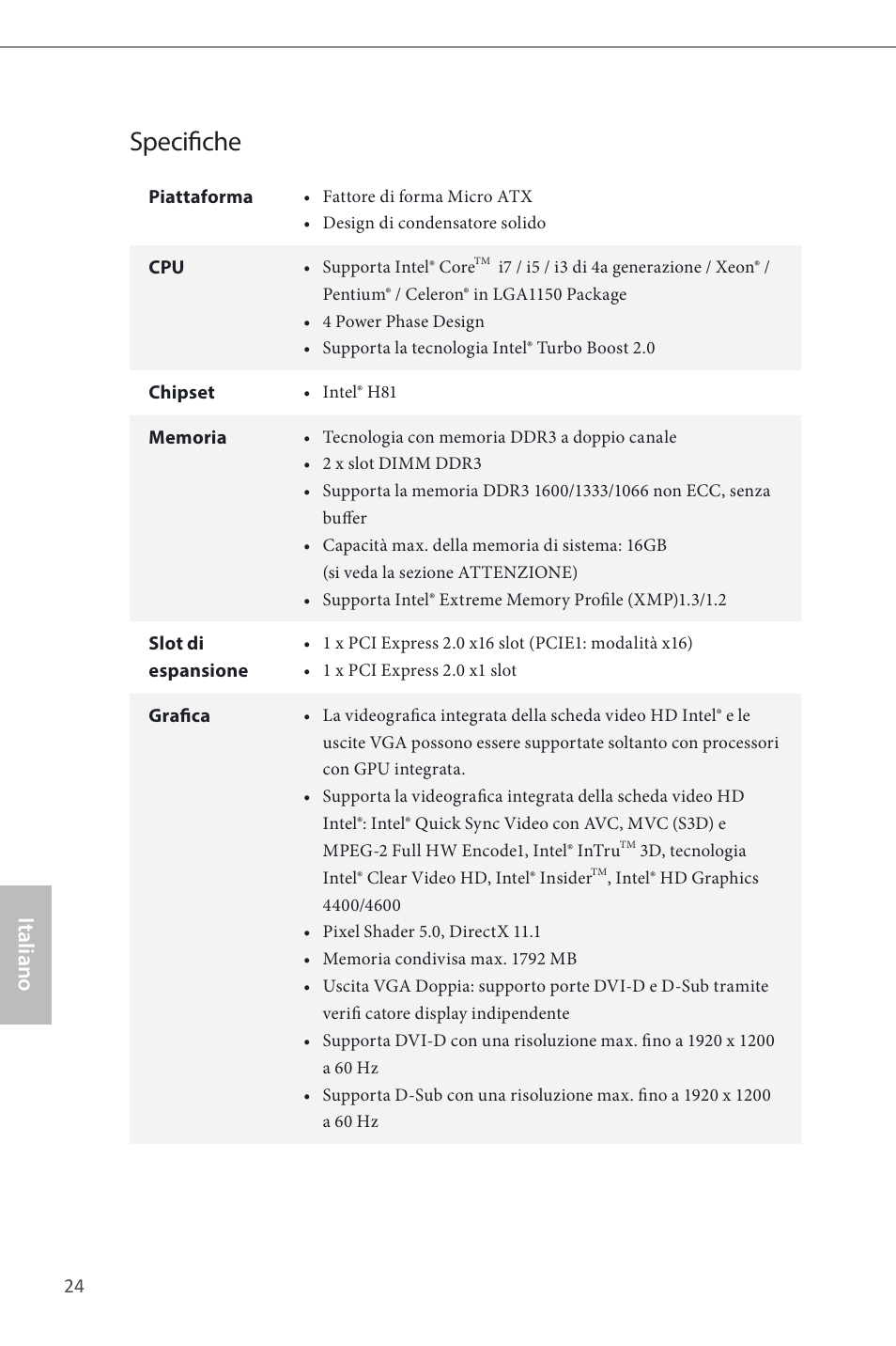Italian, Specifiche, Italiano | ASRock H81M-DGS User Manual | Page 26 / 57