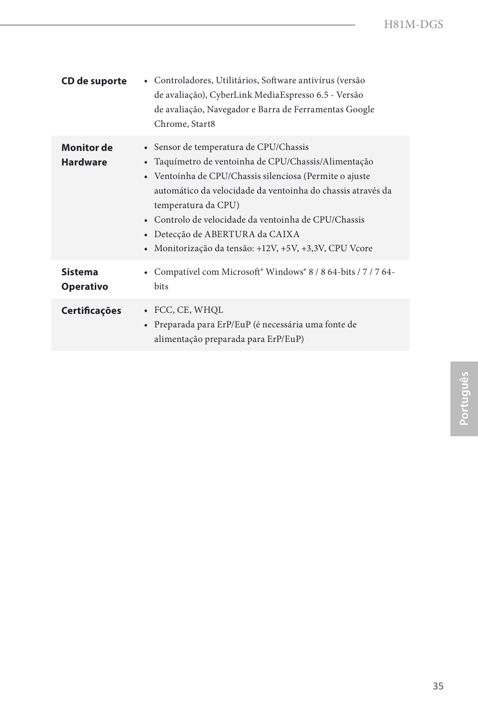 H81m-dgs, Por tuguês | ASRock H81M-DGS User Manual | Page 37 / 57