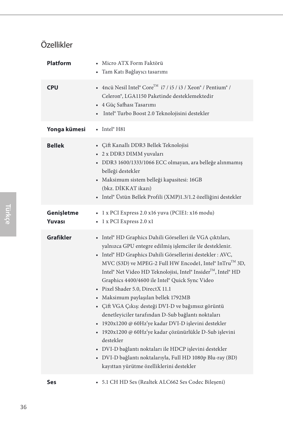 Turkish, Özellikler, Türk çe | ASRock H81M-DGS User Manual | Page 38 / 57
