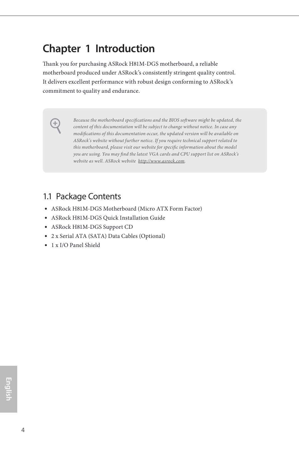 Chapter 1 introduction, 1 package contents | ASRock H81M-DGS User Manual | Page 6 / 57