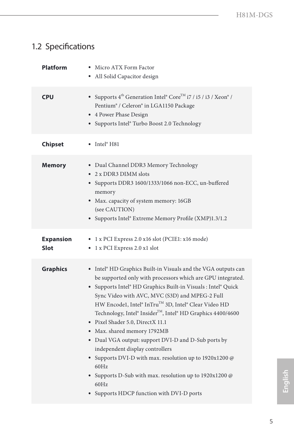 2 specifications, H81m-dgs, English | ASRock H81M-DGS User Manual | Page 7 / 57