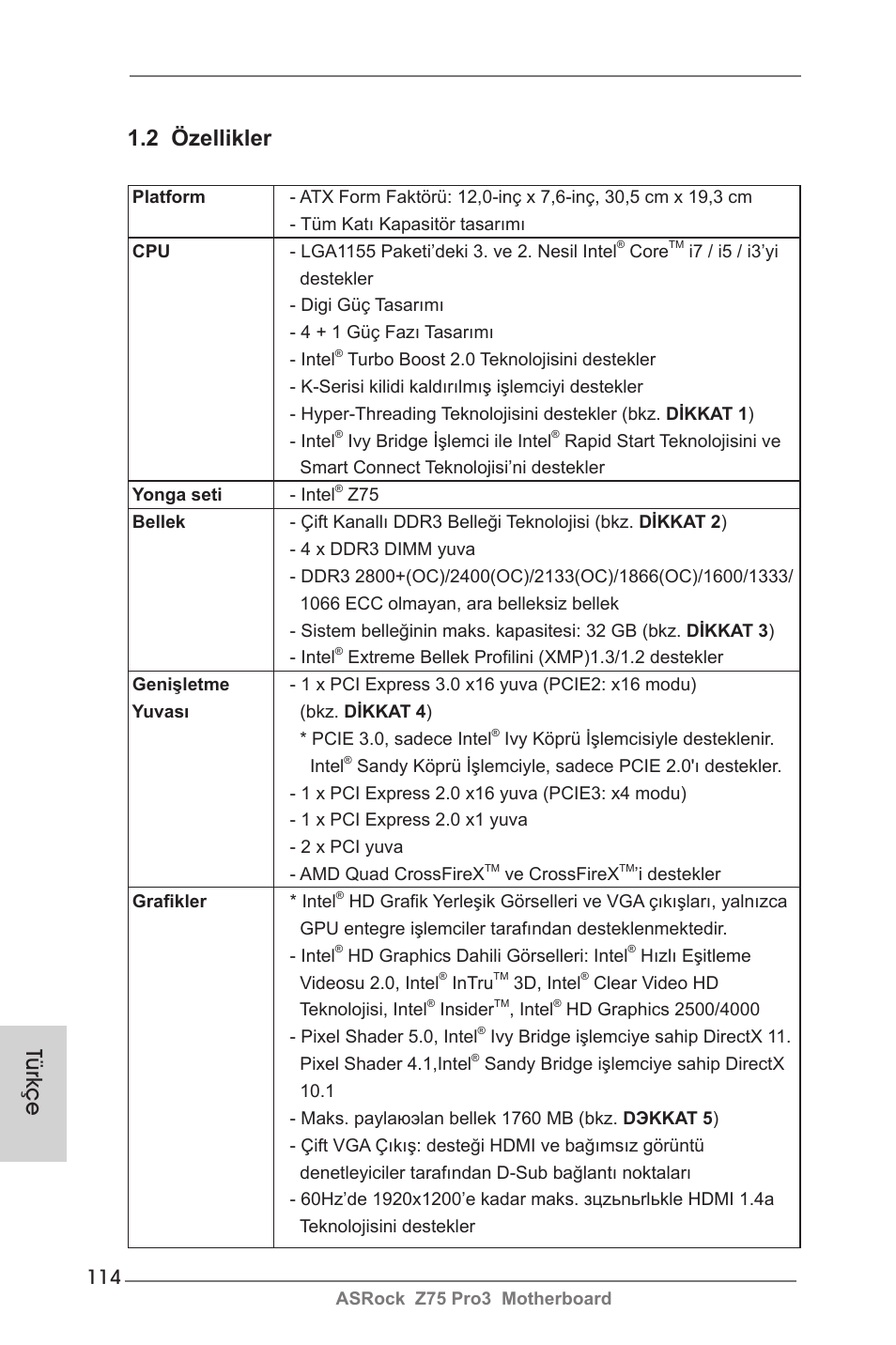 Türkçe, 2 özellikler | ASRock Z75 Pro3 User Manual | Page 114 / 192