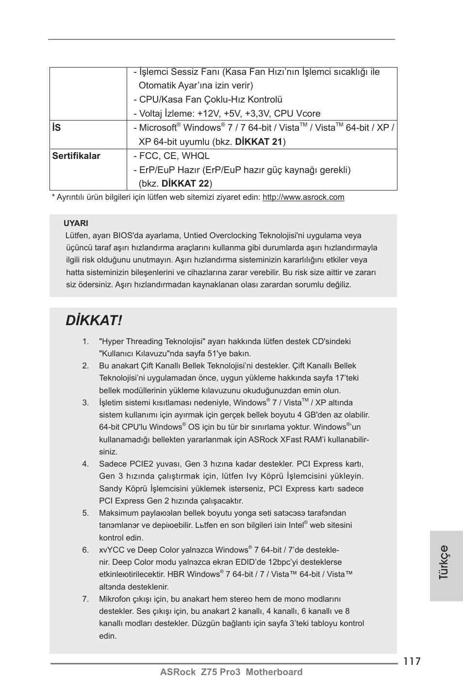 Dikkat, Türkçe | ASRock Z75 Pro3 User Manual | Page 117 / 192