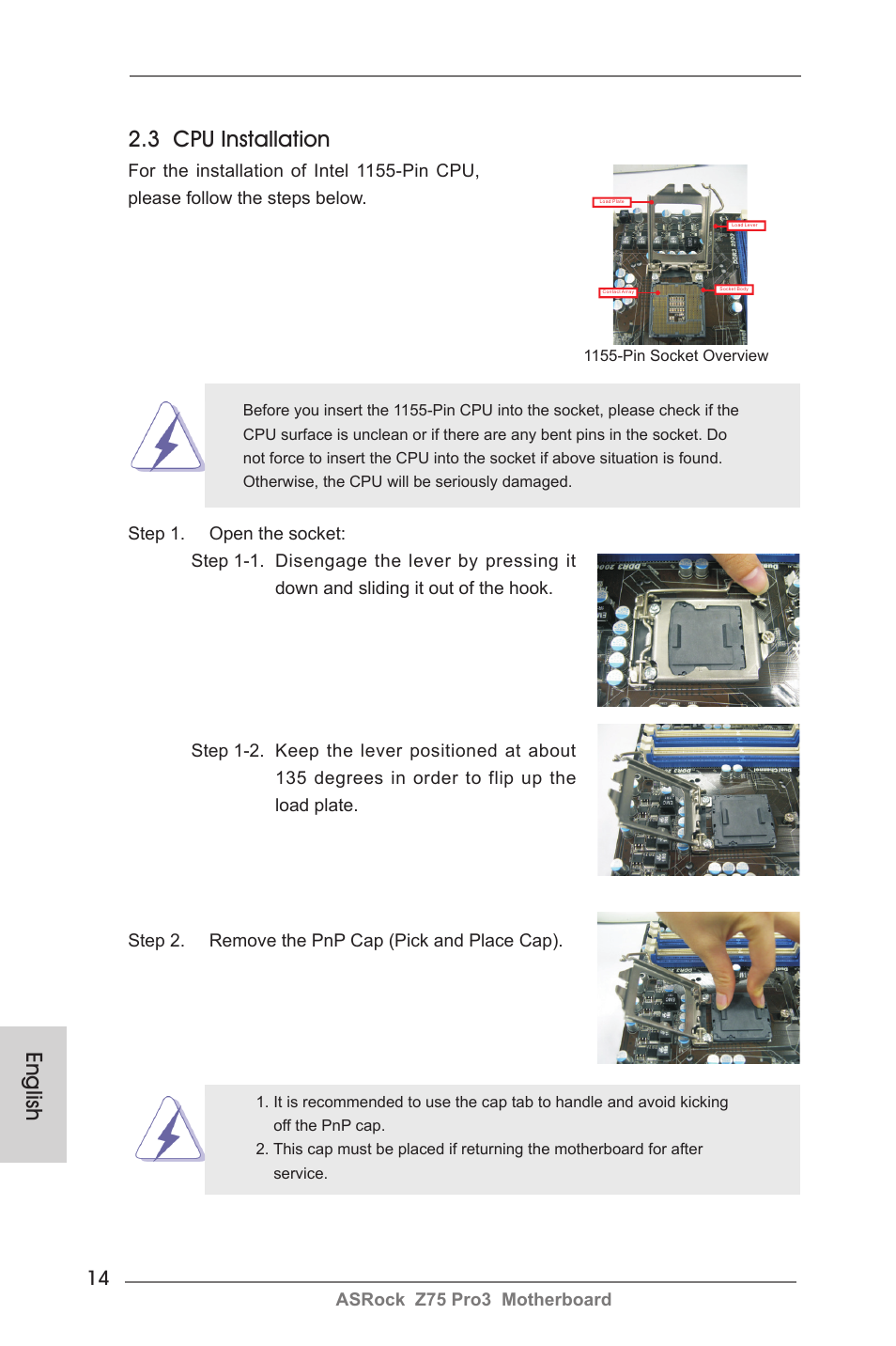 English 2.3 cpu installation | ASRock Z75 Pro3 User Manual | Page 14 / 192