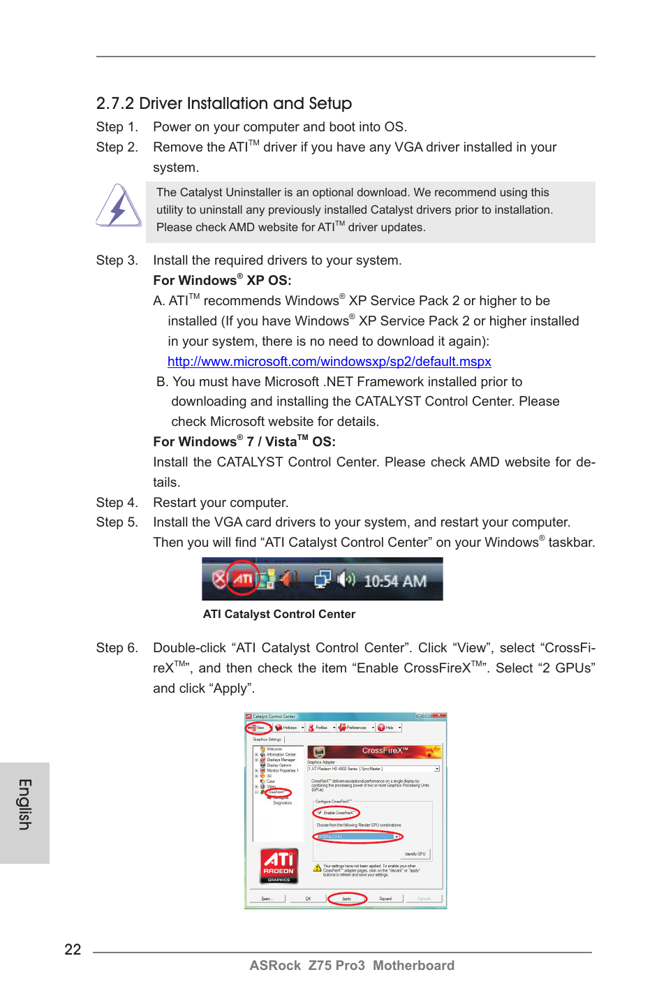 English, 2 driver installation and setup | ASRock Z75 Pro3 User Manual | Page 22 / 192