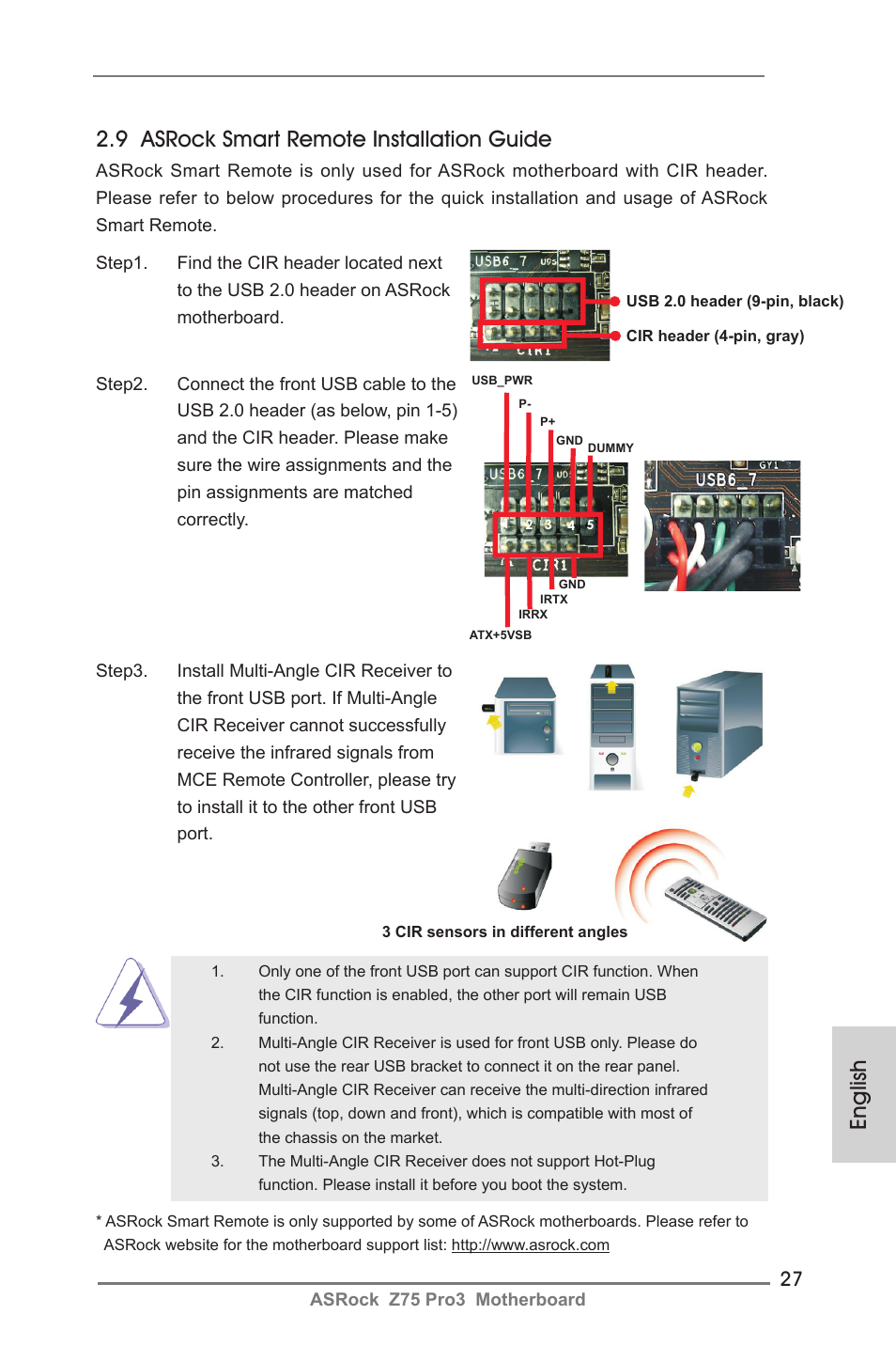 English, 9 asrock smart remote installation guide | ASRock Z75 Pro3 User Manual | Page 27 / 192