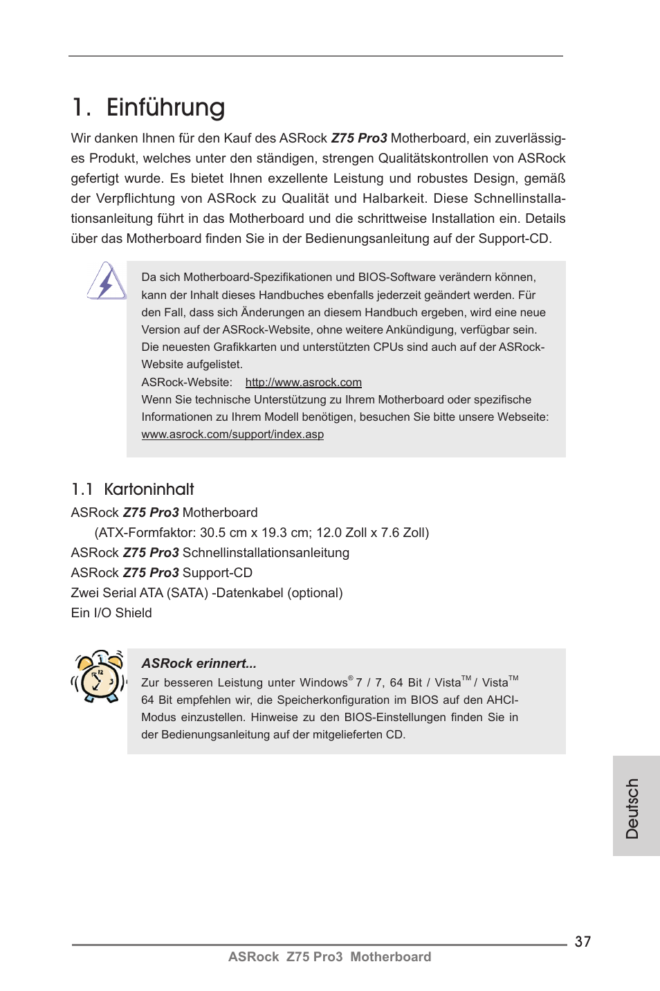 German, Einführung, Deutsch | 1 kartoninhalt | ASRock Z75 Pro3 User Manual | Page 37 / 192