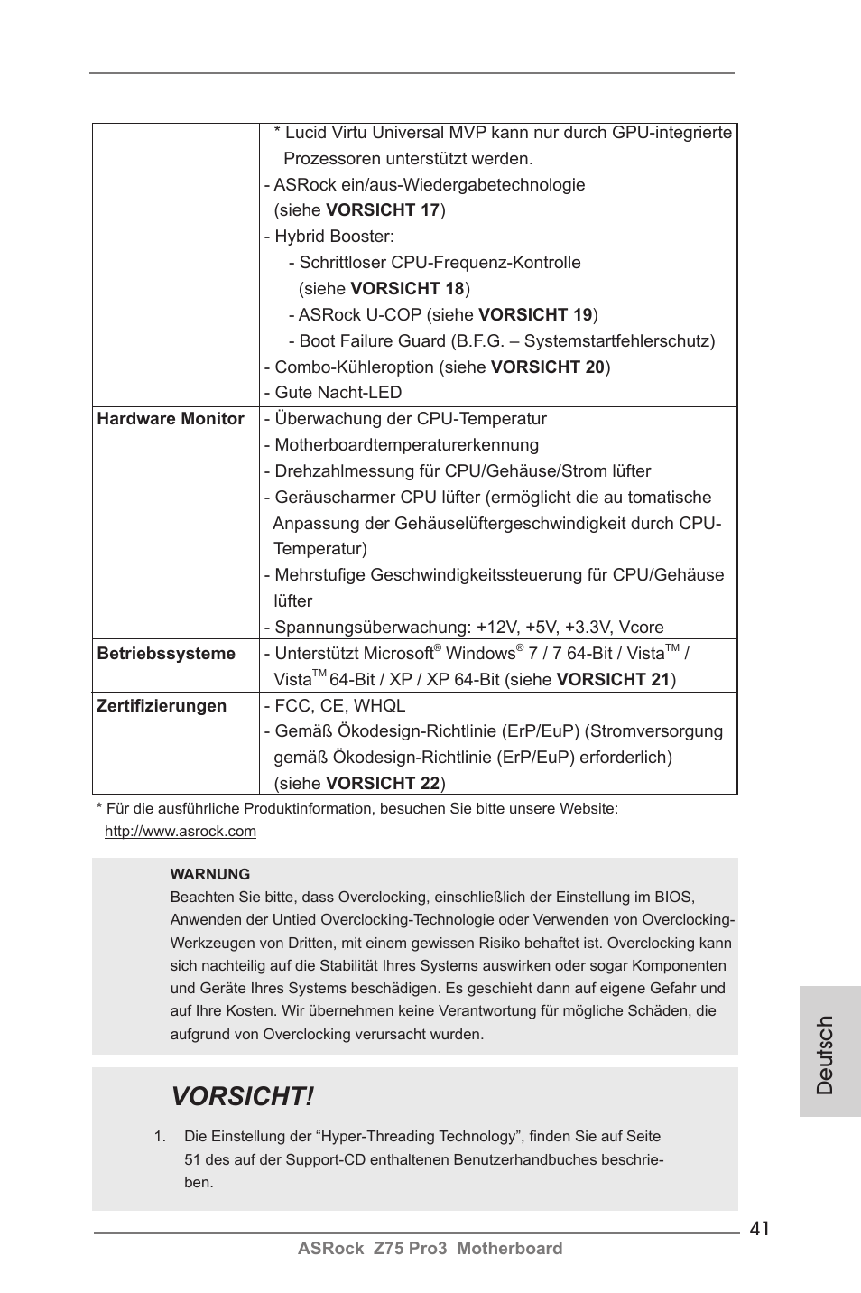 Vorsicht, Deutsch | ASRock Z75 Pro3 User Manual | Page 41 / 192