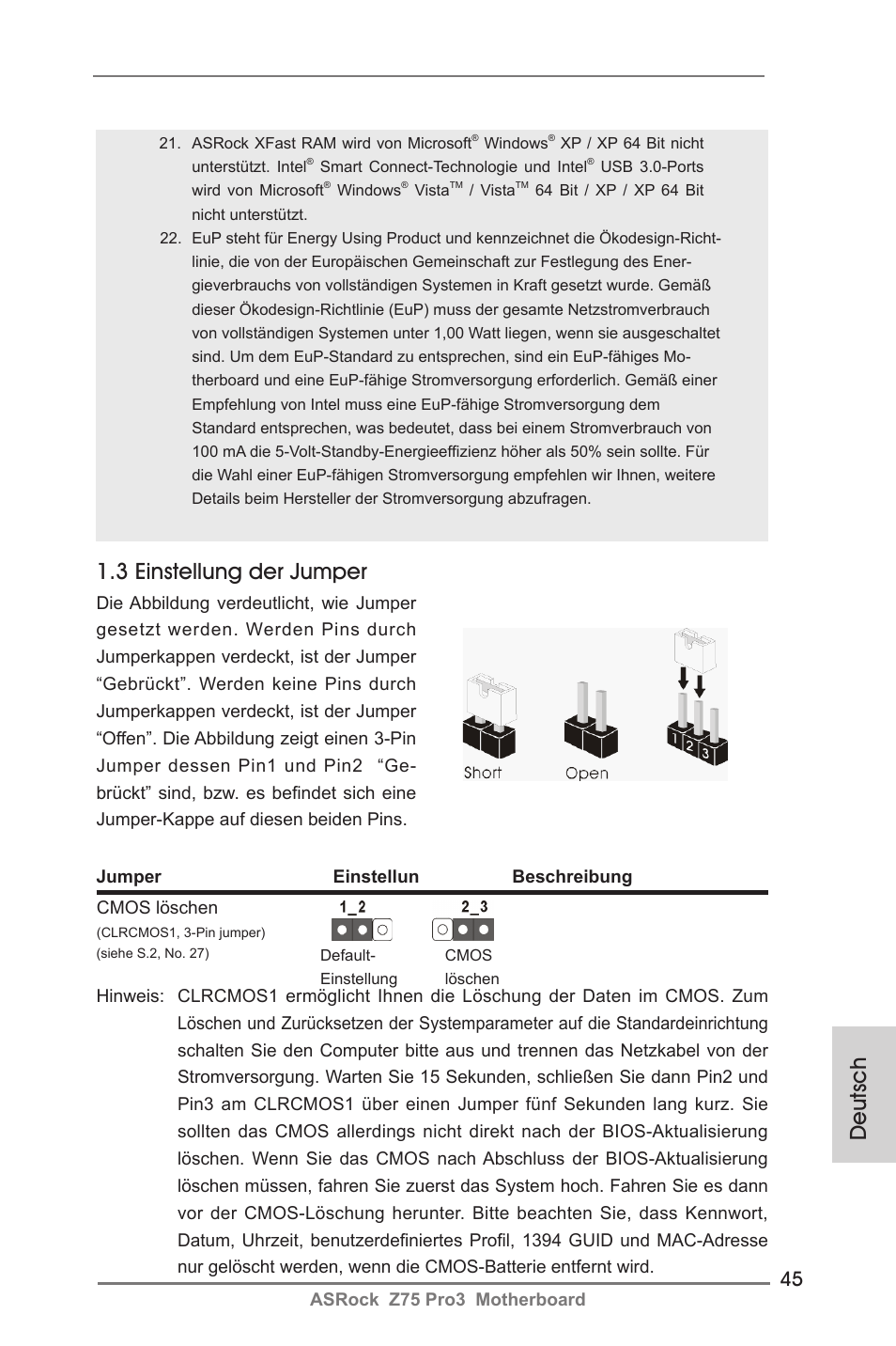 Deutsch 1.3 einstellung der jumper | ASRock Z75 Pro3 User Manual | Page 45 / 192