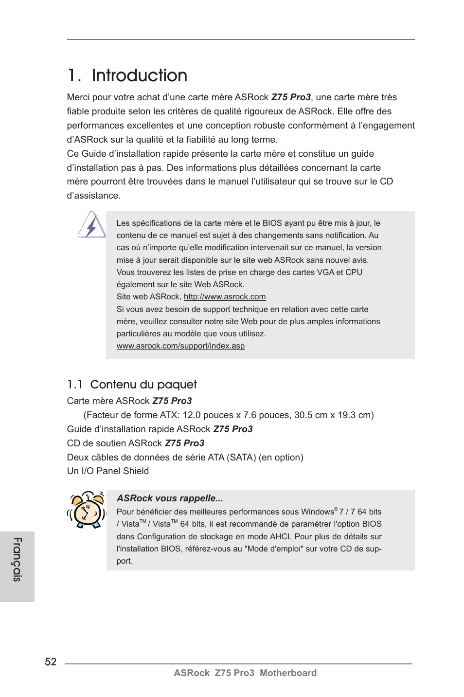 French, Introduction, 1 contenu du paquet | Français | ASRock Z75 Pro3 User Manual | Page 52 / 192