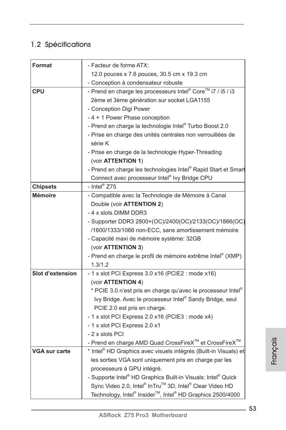 Français 1.2 spécifications | ASRock Z75 Pro3 User Manual | Page 53 / 192
