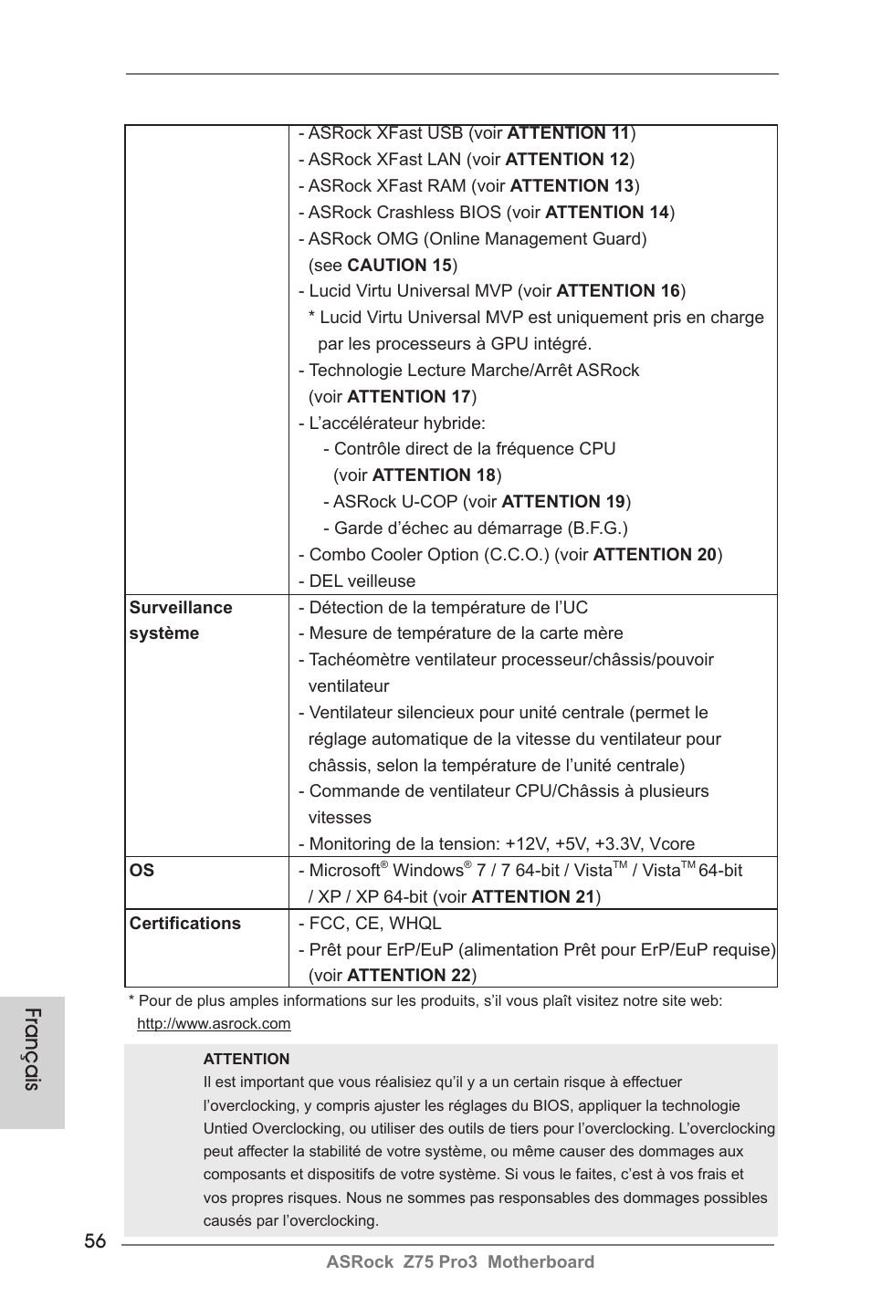 Français | ASRock Z75 Pro3 User Manual | Page 56 / 192