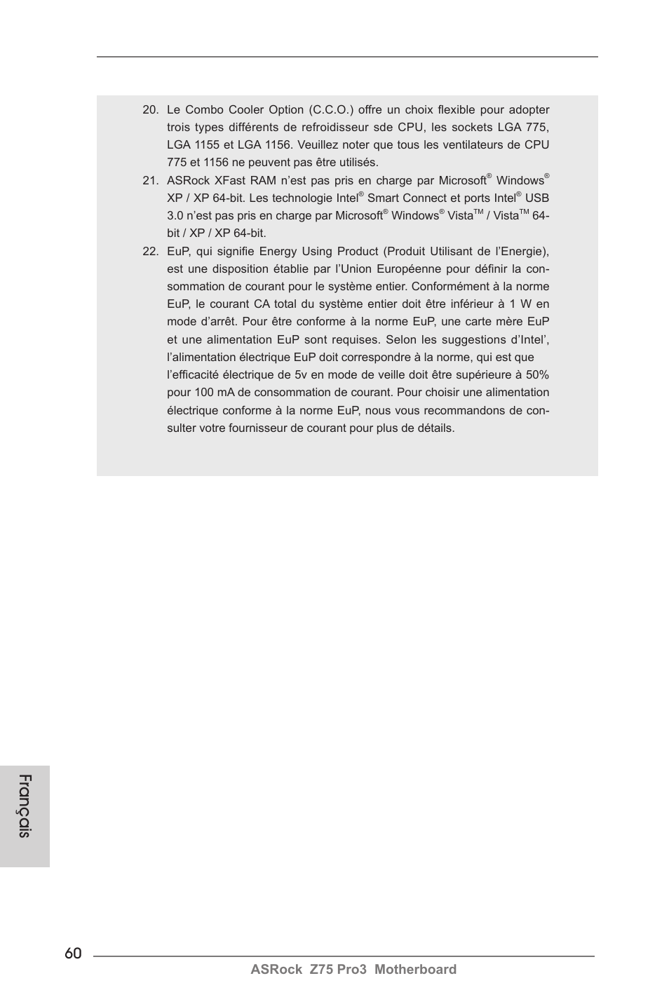 Français, Asrock z75 pro3 motherboard | ASRock Z75 Pro3 User Manual | Page 60 / 192