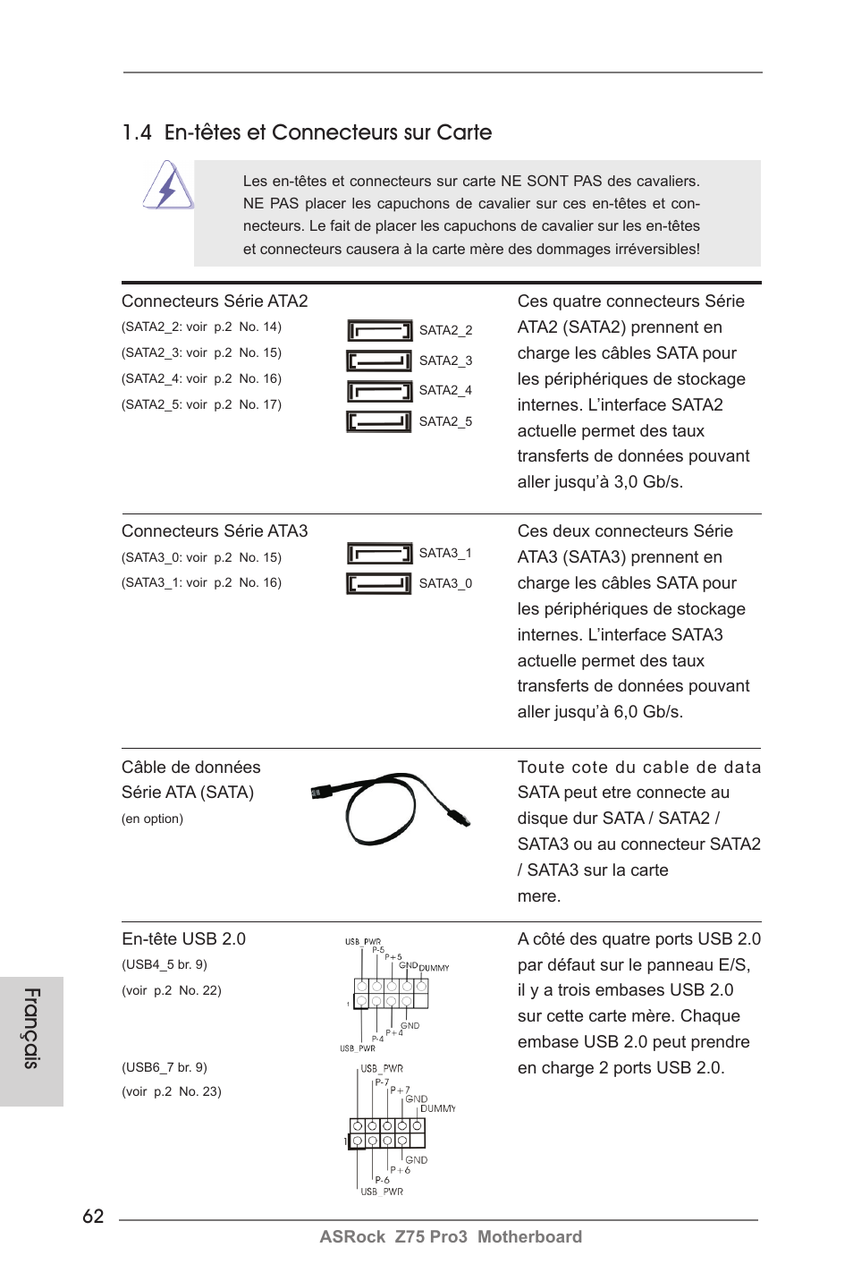 Français, 4 en-têtes et connecteurs sur carte | ASRock Z75 Pro3 User Manual | Page 62 / 192