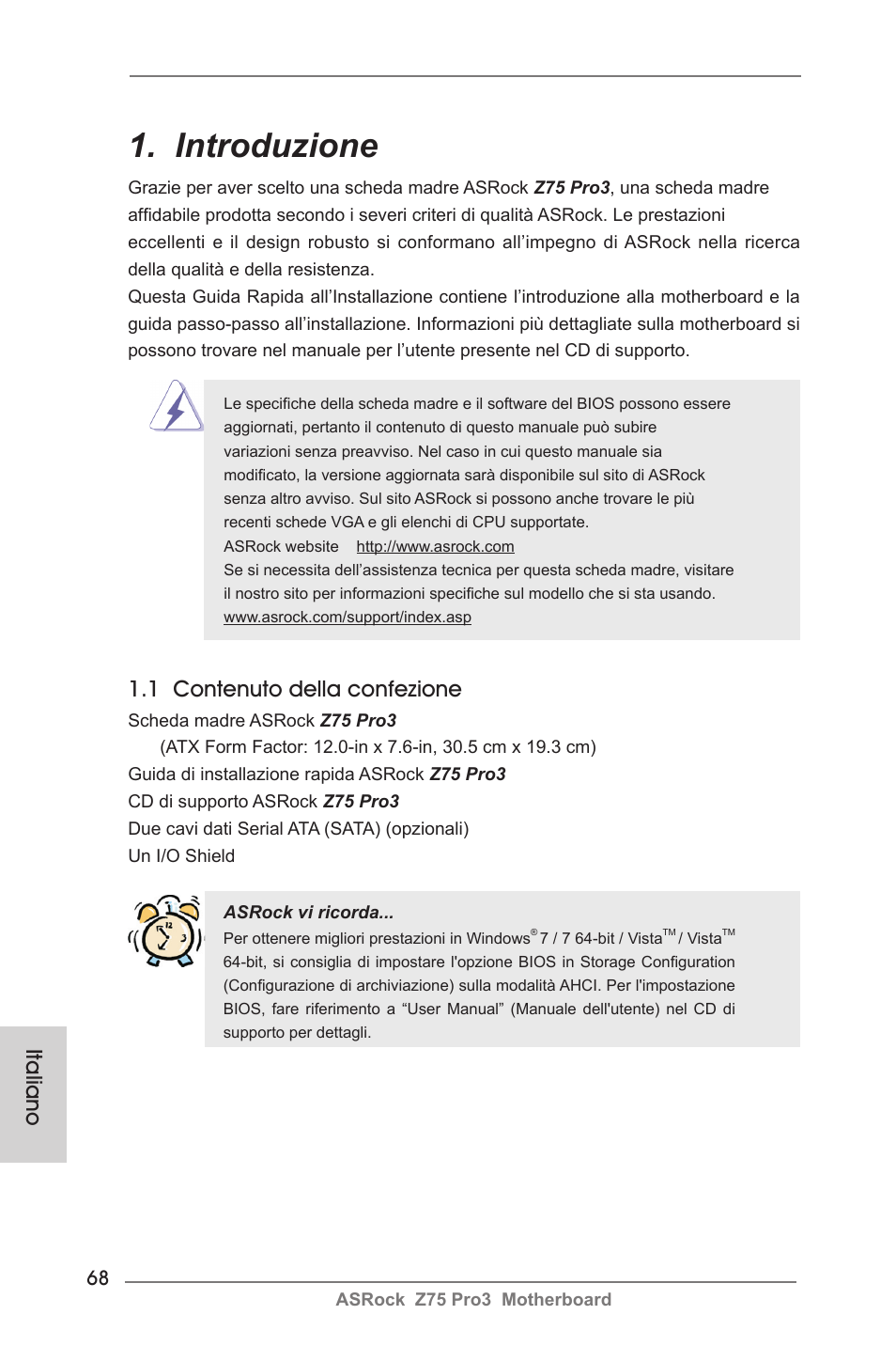 Italian, Introduzione, 1 contenuto della confezione | Italiano | ASRock Z75 Pro3 User Manual | Page 68 / 192