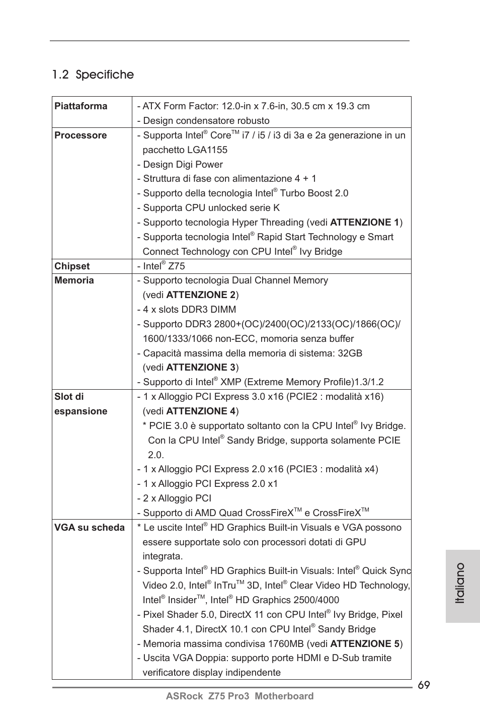Italiano 1.2 specifiche | ASRock Z75 Pro3 User Manual | Page 69 / 192