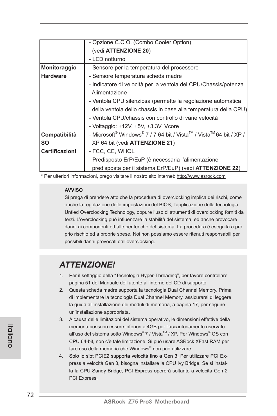 Attenzione, Italiano | ASRock Z75 Pro3 User Manual | Page 72 / 192