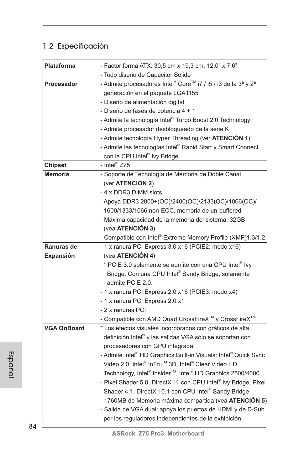 Español 1.2 especificación | ASRock Z75 Pro3 User Manual | Page 84 / 192