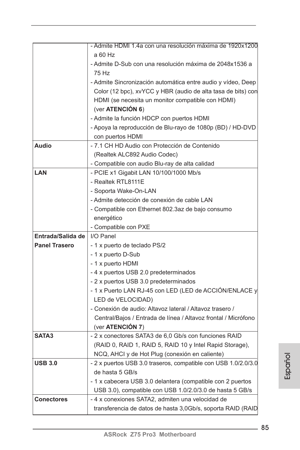 Español | ASRock Z75 Pro3 User Manual | Page 85 / 192