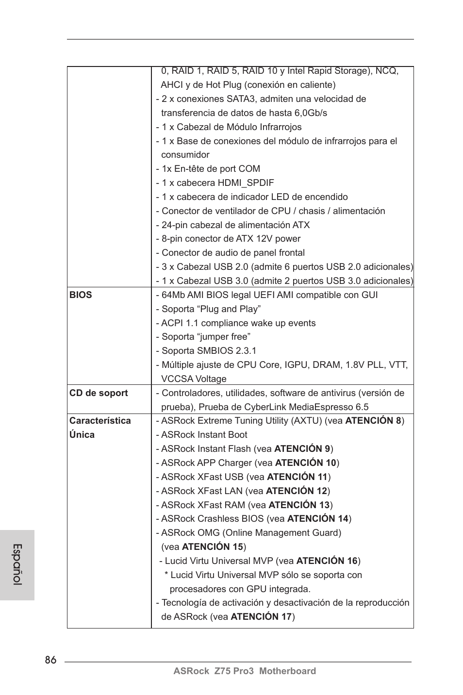 Español | ASRock Z75 Pro3 User Manual | Page 86 / 192